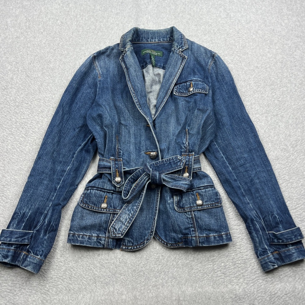 Lauren Ralph Lauren Belted Denim Field Jacket Womens XL Blue Safari Buttons Coat
